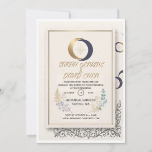 Elegant Gold & Navy Celestial Botanical Invitation