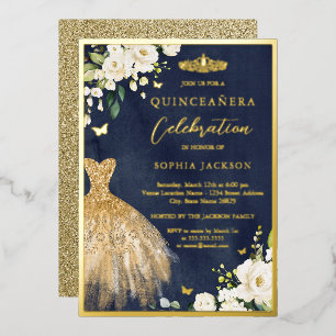 Elegant Gold Navy Floral Tiara Dress Quinceanera 