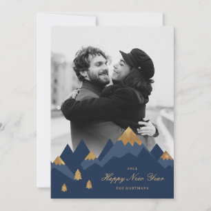 Elegant Gold Navy Mountains Photo New Year  Holiday Card
