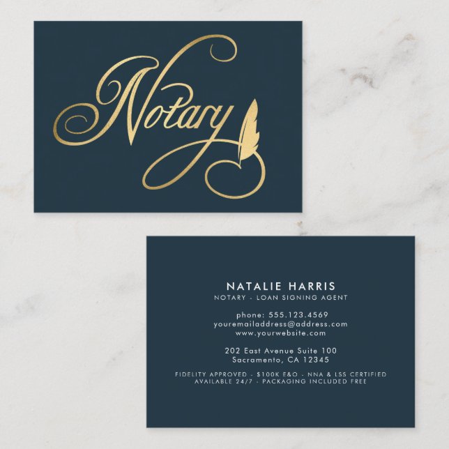 Elegant Gold & Navy Notary Loan Agent   Business Card (Front/Back)