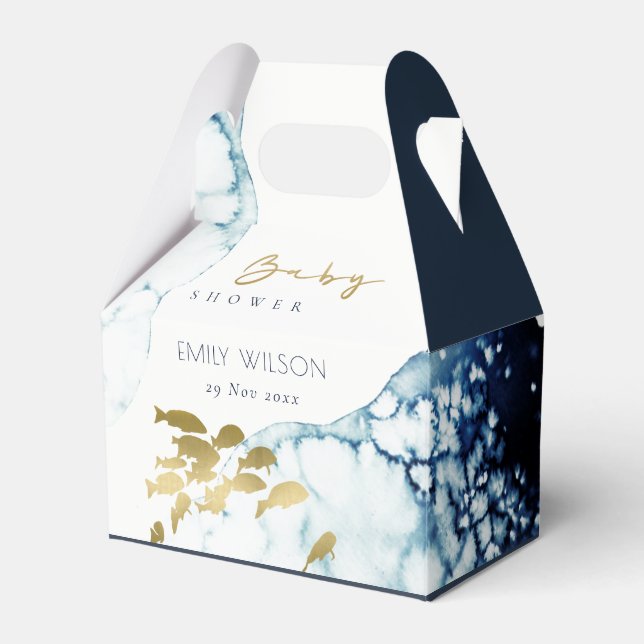 ELEGANT GOLD NAVY UNDERWATER FISH BABY SHOWER FAVOUR BOX (Front Side)