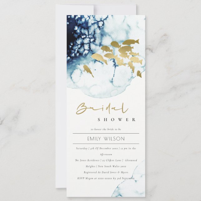 ELEGANT GOLD NAVY UNDERWATER FISH BRIDAL SHOWER INVITATION (Front)