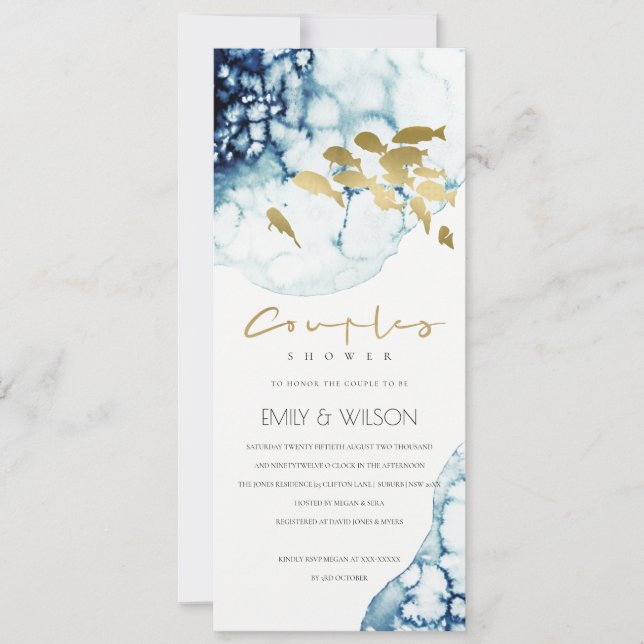 ELEGANT GOLD NAVY UNDERWATER  FISH COUPLES SHOWER INVITATION (Front)