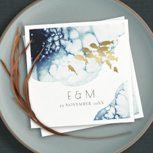 ELEGANT GOLD NAVY UNDERWATER FISH MONOGRAM WEDDING NAPKIN