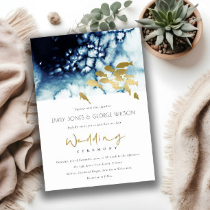 ELEGANT GOLD NAVY UNDERWATER FISH WEDDING INVITE