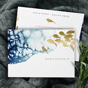 Elegant Gold Navy Underwater Sea Fish Wedding Envelope
