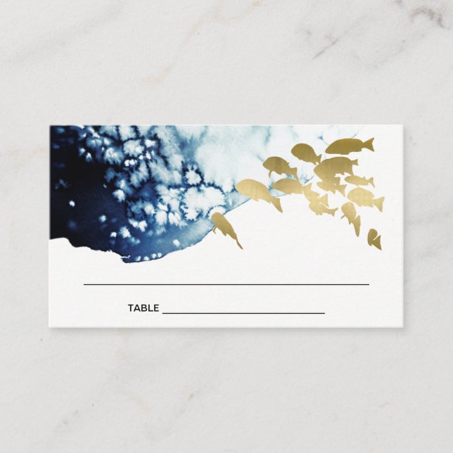 ELEGANT GOLD NAVY UNDERWATER SEA FISH WEDDING  PLACE CARD (Front)