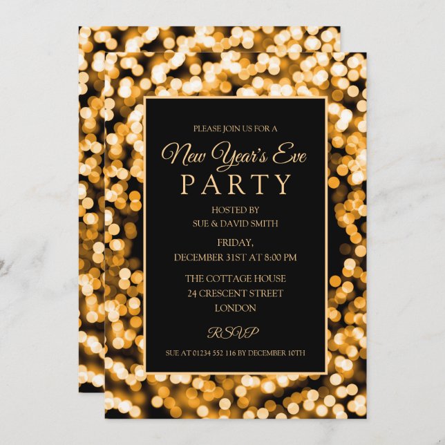 Elegant Gold New Year's Eve String Lights Invitation (Front/Back)