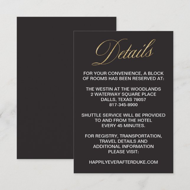 Elegant Gold New Years Eve Wedding Detail Card (Front/Back)
