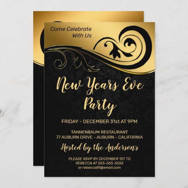 Elegant Gold New Years Invitation (Front/Back)