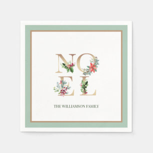 Elegant Gold Noel Greenery Berries Green Christmas Napkin