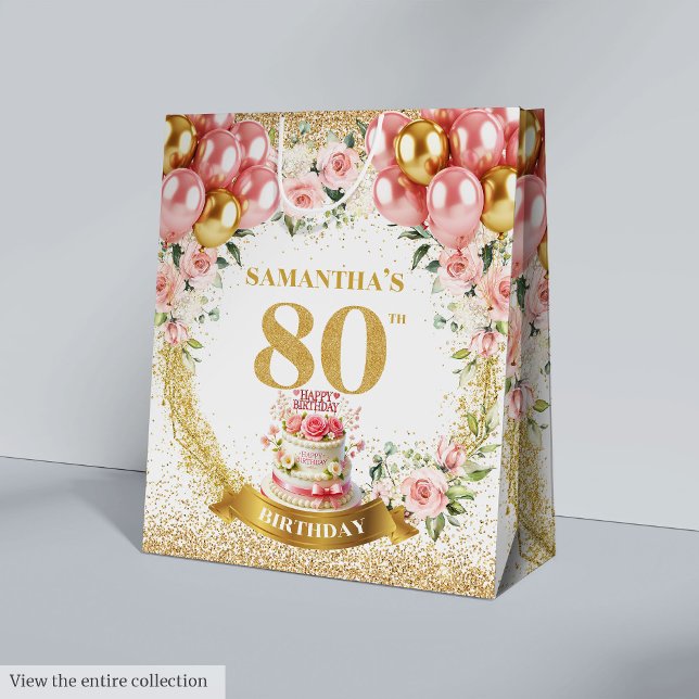 Elegant Gold Number 80th Birthday Blush Floral  Medium Gift Bag (Elegant Gold Number 80th Birthday Blush Floral Medium Gift Bag)