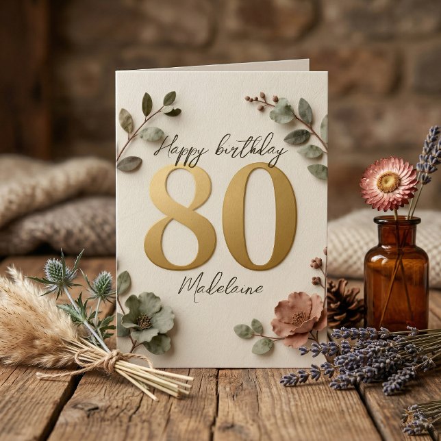 Elegant Gold Number Botanical Floral 80th Birthday Card (Creator Uploaded)