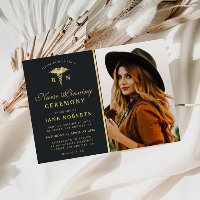 elegant gold nurse pinning ceremony photo invitation (Creator Uploaded)