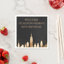 Elegant Gold NYC Skyline Birthday Welcome Napkin