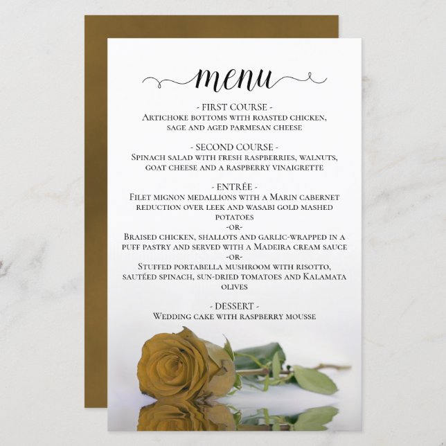 Elegant Gold Ochre Rose Budget Wedding Menu (Front/Back)