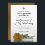Elegant Gold Ochre Rose Modern Catholic Wedding Invitation<br><div class="desc">Unite in love and faith with this beautiful wedding invitation! Perfect for a modern Catholic ceremony, this stunning invite features a single long-stemmed marigold or gold ochre coloured rose, elegantly reflecting in water. Complete with a cross or crucifix, this invitation extends a warm invitation for your guests to join you...</div>