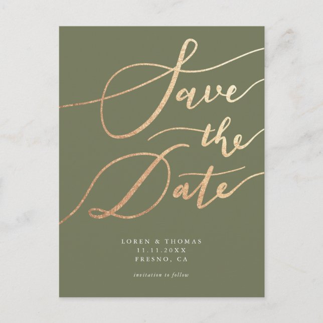 Elegant Gold Olive Green Script Save the Date Announcement Postcard (Front)