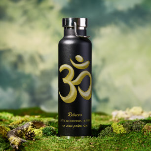 Elegant Gold Om Symbol   Sanskrit Spiritual Black Water Bottle