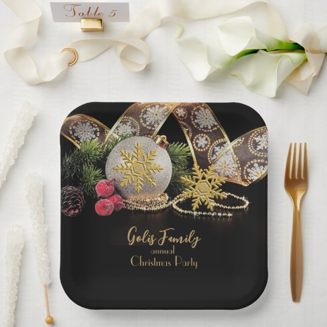 Elegant Gold on Black Christmas Party  Paper Plate (Wedding)