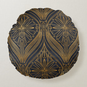 Elegant gold on black damask pattern round cushion