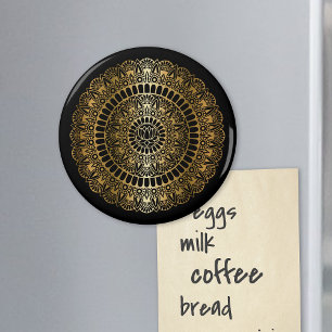 Elegant Gold on Black Lotus Henna Mandala Magnet