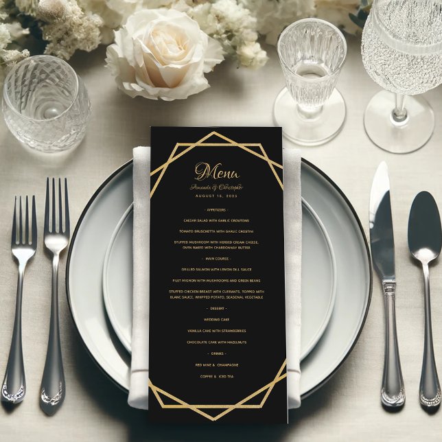 Elegant Gold on Black Modern Geometric Wedding Menu (Creator Uploaded)