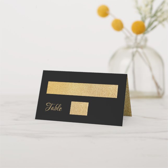 Elegant Gold on Black Modern Geometric Wedding Place Card (Front)