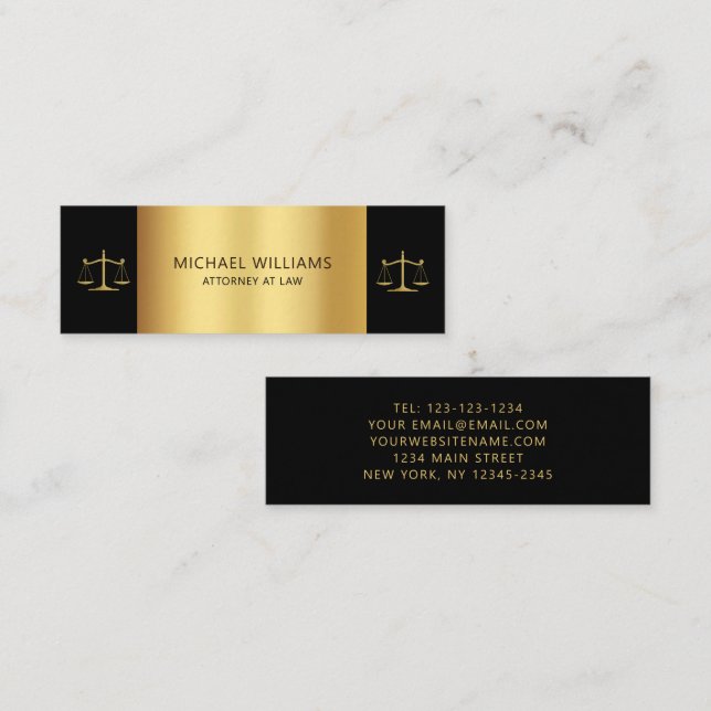 Elegant Gold on Black Scales of Justice Lawyer Mini Business Card (Front/Back)