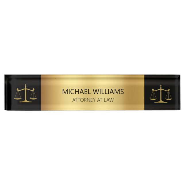 Elegant Gold on Black Scales of Justice Lawyer Nameplate (Front)