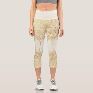 Elegant Gold on Cream Floral Henna Mandala Capri Leggings