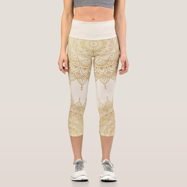 Elegant Gold on Cream Floral Henna Mandala Capri Leggings (Front)