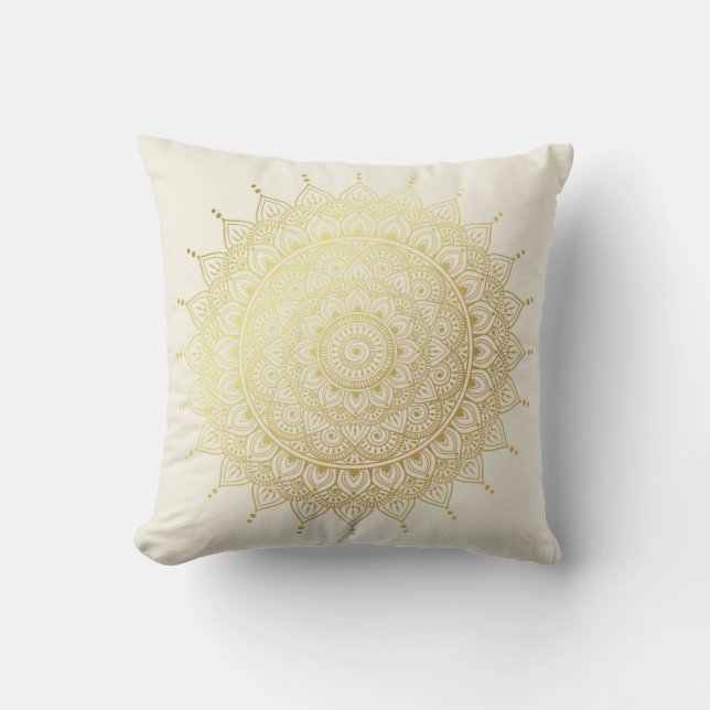 Elegant Gold on Cream Floral Henna Mandala Cushion (Front)