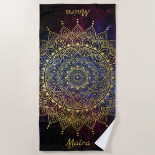 Elegant Gold on Dark Nebula Floral Henna Mandala Beach Towel