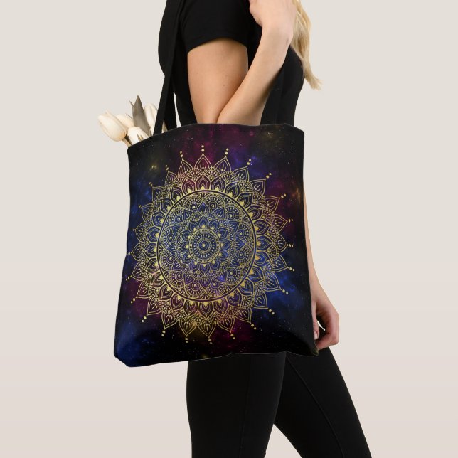 Elegant Gold on Dark Nebula Floral Henna Mandala Tote Bag (Close Up)