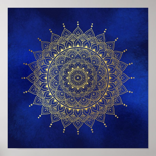 Elegant Gold on Deep Blue Floral Henna Mandala Art Poster (Front)