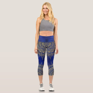 Elegant Gold on Deep Blue Floral Henna Mandala Capri Leggings