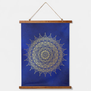 Elegant Gold on Deep Blue Floral Henna Mandala Hanging Tapestry