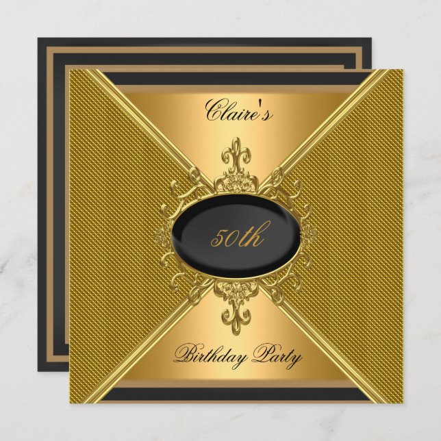 Elegant Gold On Gold Black 50th Birthday Party Invitation (Front/Back)