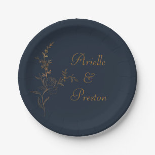 Elegant Gold on Navy Rose Stem Paper Plate