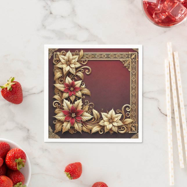 Elegant Gold on Red Poinsettia Frame Decoupage Napkin (Insitu)