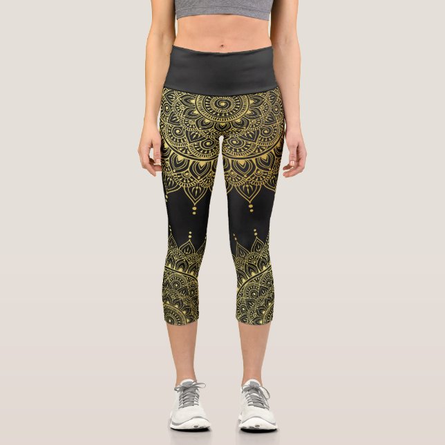 Elegant Gold on Soft Black Floral Henna Mandala Capri Leggings (Front)