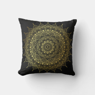 Elegant Gold on Soft Black Floral Henna Mandala Cushion
