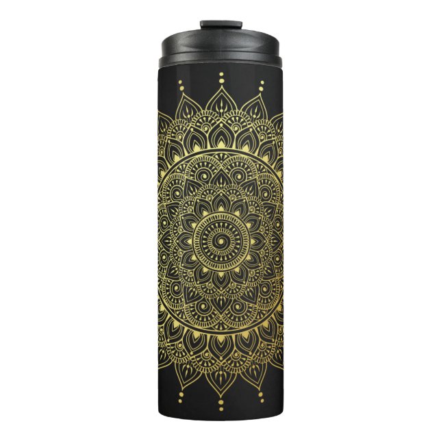 Elegant Gold on Soft Black Floral Henna Mandala Thermal Tumbler (Front)
