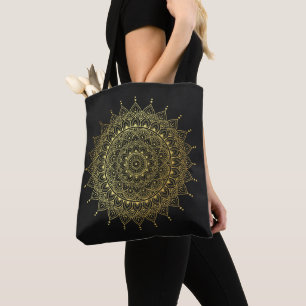 Elegant Gold on Soft Black Floral Henna Mandala Tote Bag
