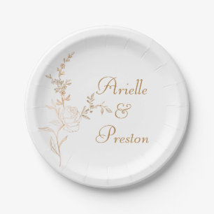 Elegant Gold on White Rose Stem Paper Plate