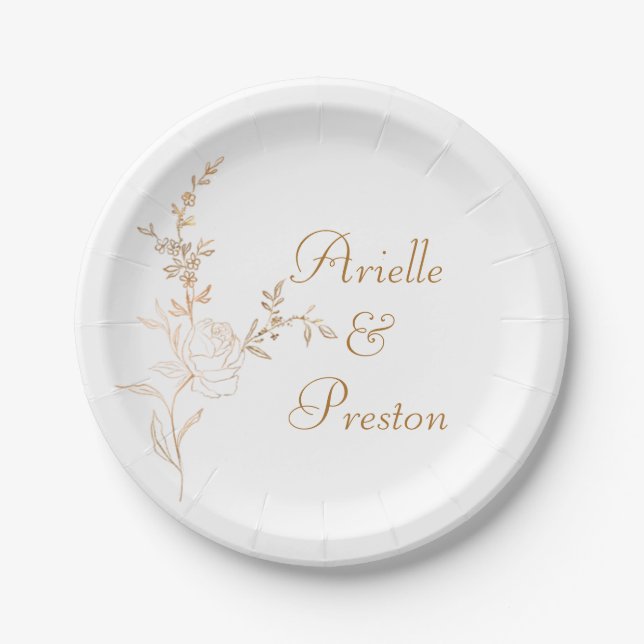 Elegant Gold on White Rose Stem Paper Plate (Front)