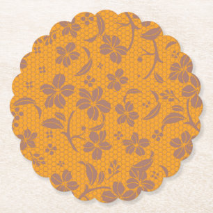 Elegant Gold Orange Lacey Design Paper Coaster