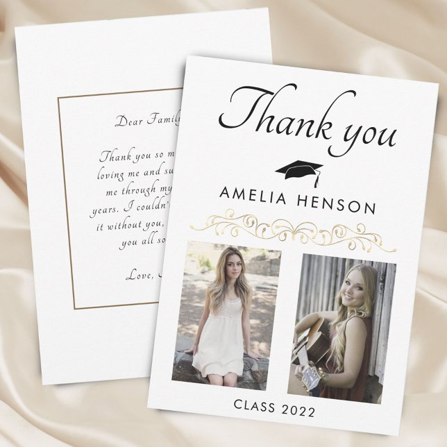 Elegant Gold Ornament 2 Photo Graduation Thank You Card (Creator Uploaded)