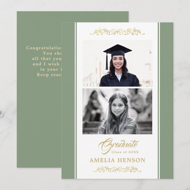 Elegant Gold Ornament Graduation 2 Photo  Card (Front/Back)